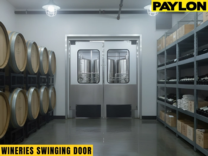 Heavy duty winery swinging doors with clear vision panels, surrounded by wine barrels and storage shelves.