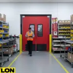 High-visibility industrial swinging doors in a manufacturing room supporting safe foot traffic and efficient daily operations.