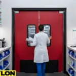 High-visibility retail swinging doors used in a busy pharmacy work area