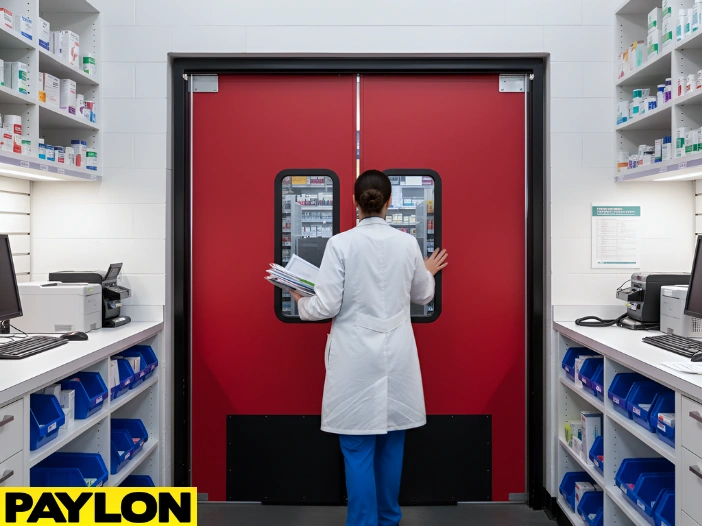 High-visibility retail swinging doors used in a busy pharmacy work area