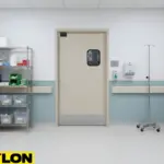 Hospital prep room with a beige swinging door and stainless steel supply shelves.