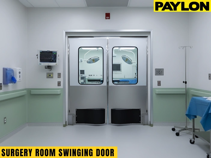 Hospital surgery room entrance featuring double swinging doors with vision panels for safe medical access.