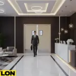 Hotel lobby swinging doors supporting smooth movement during busy check-in periods