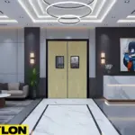 Hotel reception layout using swinging doors to manage guest flow
