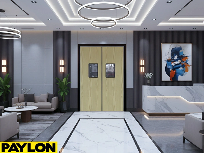 Hotel reception layout using swinging doors to manage guest flow