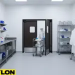 Industrial gray double clean room swinging doors with racks of lab coats and equipment in a sterile workspace.