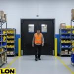 Industrial swinging doors enabling safe, uninterrupted movement for staff inside a manufacturing room with organized storage aisles.