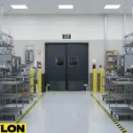 Industrial swinging doors in a manufacturing room with organized shelving and clear aisle pathways for smooth equipment movement.