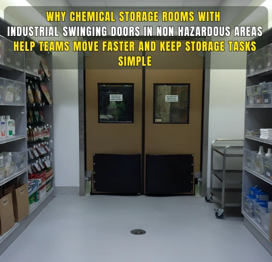 Industrial swinging doors used in chemical storage rooms for faster staff movement