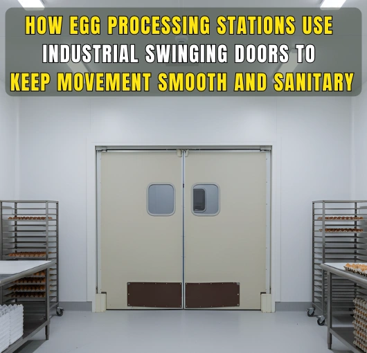 Industrial swinging doors used in egg processing stations to keep movement smooth and sanitary