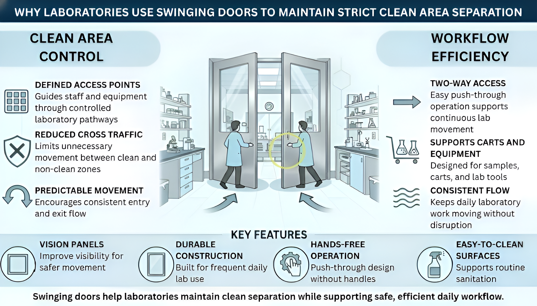 Infographic explaining how laboratories use swinging doors to maintain clean area separation and support efficient lab movement