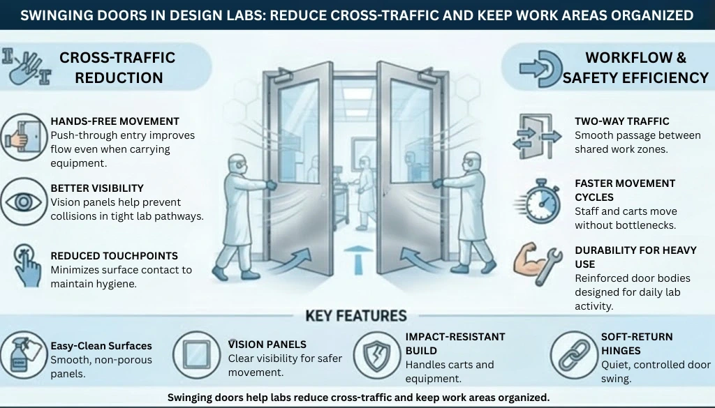 “Infographic explaining how swinging doors improve design lab efficiency by reducing cross-traffic, speeding movement cycle, and using easy-clean, impact-resistant materials (1)