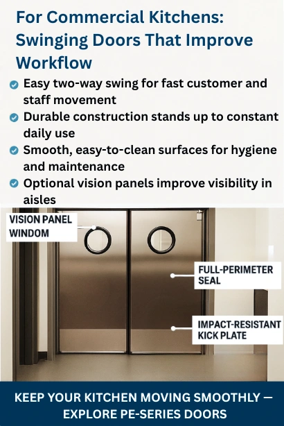 Infographic highlighting benefits of commercial kitchen swinging doors, including easy two-way movement, smooth surfaces, and durable kick plates.