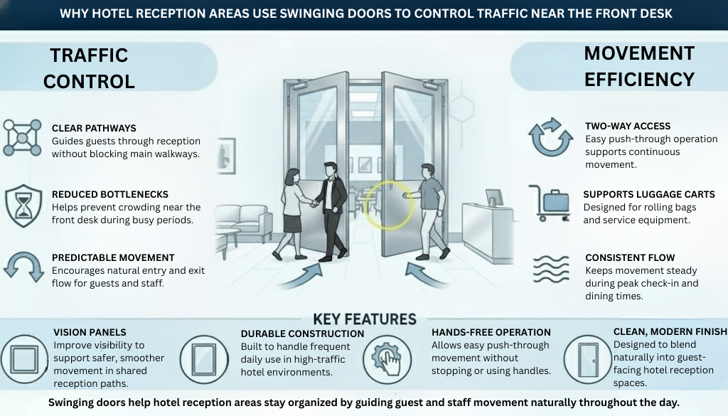 Infographic illustrating how hotel reception areas use swinging doors to control traffic flow and improve movement efficiency near the front desk