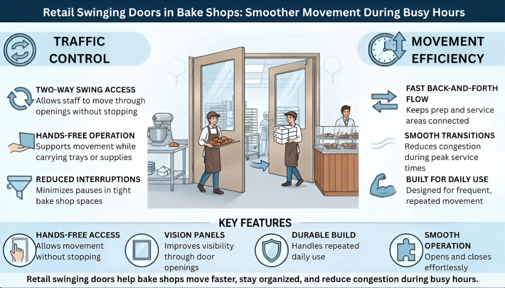 Infographic illustrating how retail swinging doors help bake shops maintain smooth movement and reduce congestion during busy hours