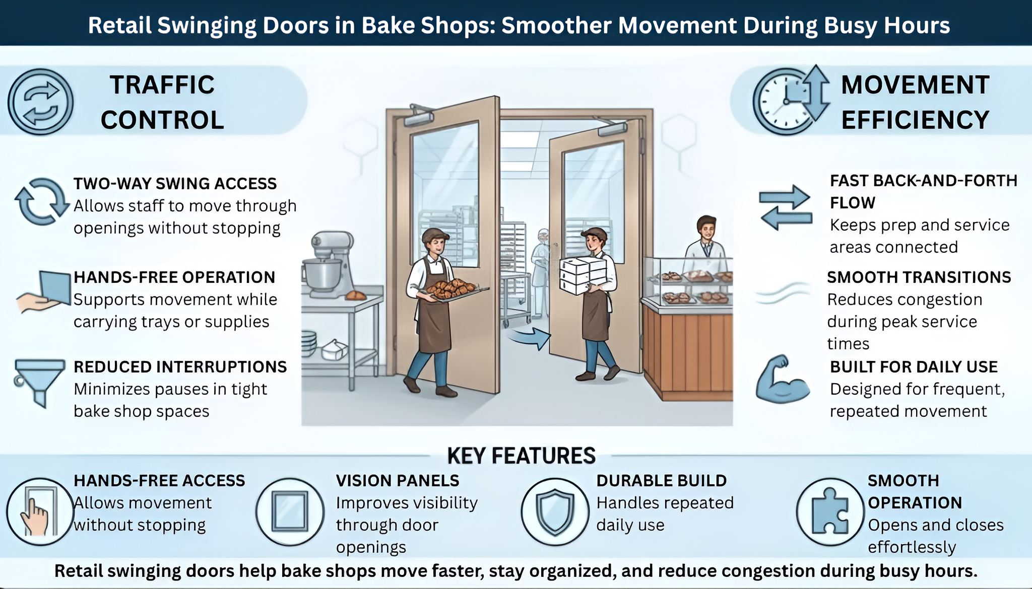 Infographic illustrating how retail swinging doors help bake shops maintain smooth movement and reduce congestion during busy hours