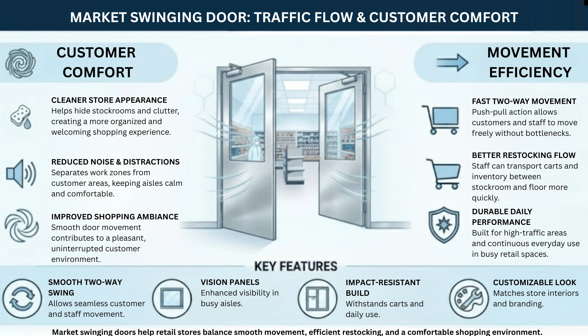 Infographic showing customer and staff comfort benefits of PE-Series swinging door, highlighting easy movement, visibility panel, and durable construction in a retail environment