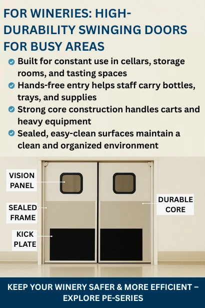 Infographic showing high-durability swinging doors for wineries with labeled features like vision panel, sealed frame, kick plate, and durable core.