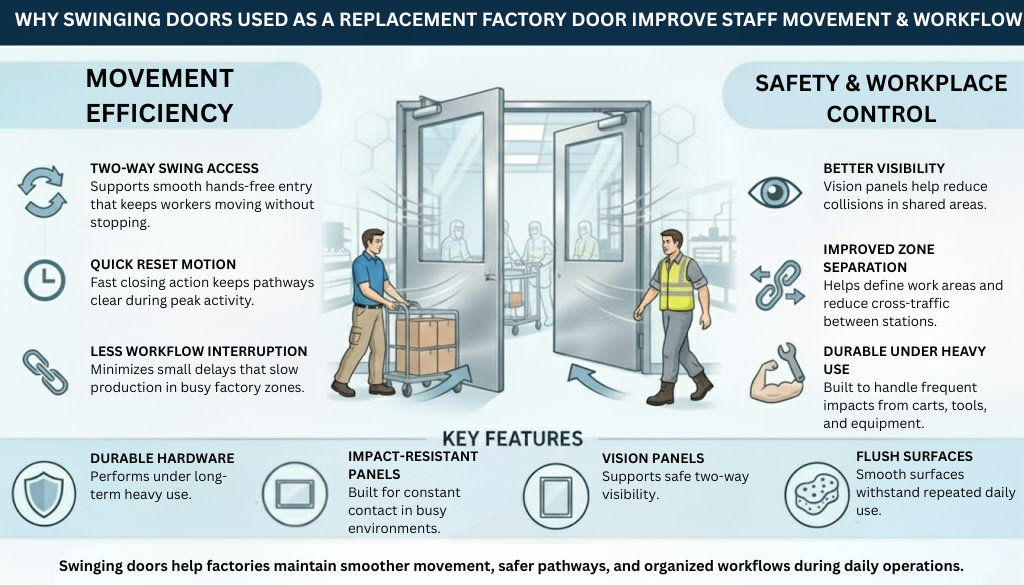 Infographic showing how industrial swinging doors improve factory workflow and safety