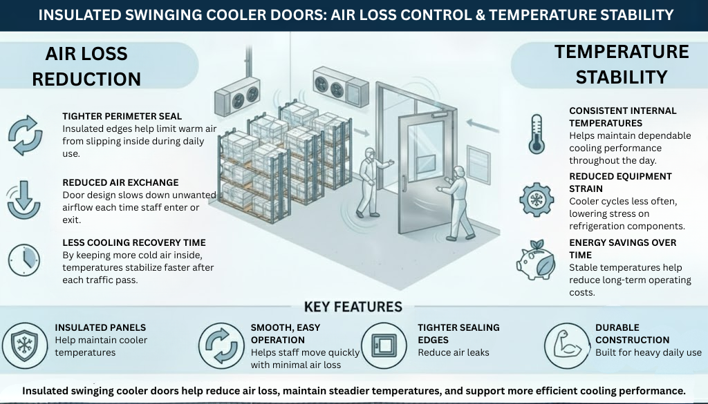 Infographic showing how insulated swinging cooler doors reduce air loss and improve temperature stability