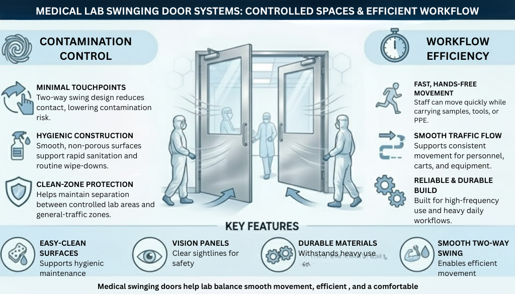 Infographic showing how medical lab swinging doors improve contamination control and workflow efficiency