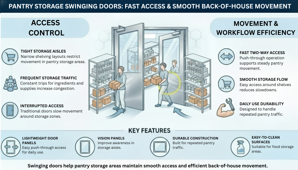 Infographic showing how pantry storage areas use swinging doors to support fast access and smooth back-of-house movement