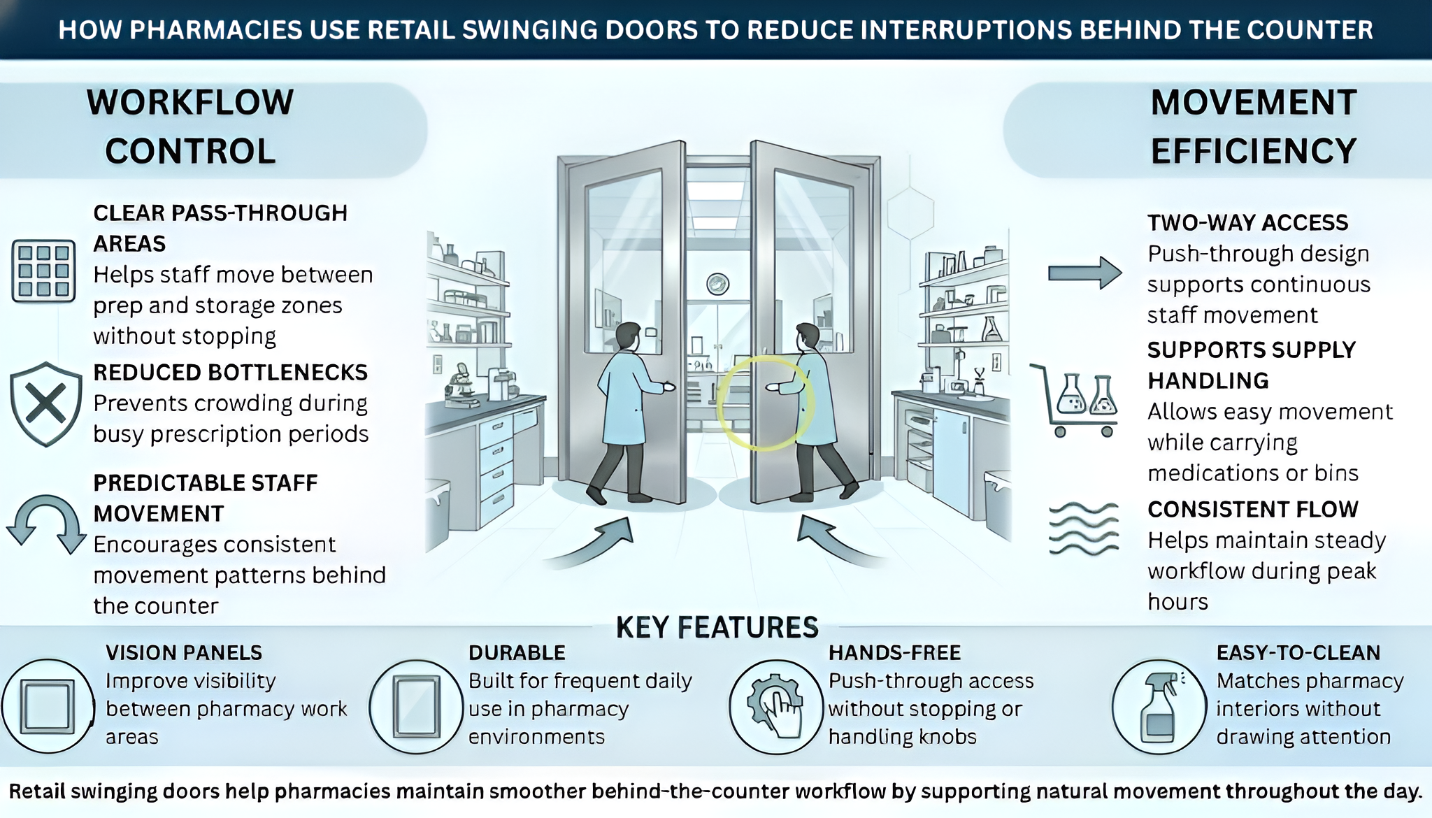 Infographic showing how pharmacies use retail swinging doors to reduce interruptions behind the counter and support smoother staff workflow