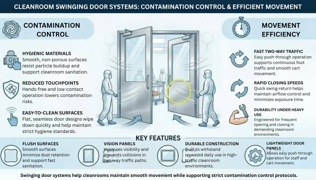 “Infographic showing how swinging doors help design labs reduce cross-traffic, improve visibility, and support safer workflows through hands-free movement, two-way traffic, and durable construction.”