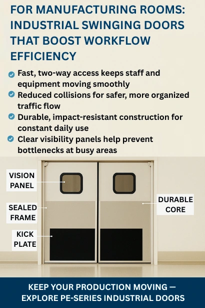 Infographic showing industrial swinging doors for manufacturing rooms with features labeled and benefits for improving workflow efficiency.