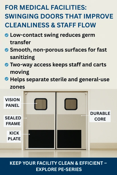 Infographic showing medical facility swinging doors with benefits like cleaner spaces, smoother staff flow, and labeled features such as vision panel, sealed frame, and durable core.
