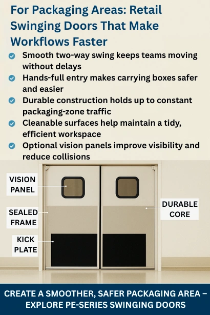 Infographic showing retail swinging doors for packaging areas with features like two-way swing, vision panels, sealed frame, and kick plates to improve workflow and safety.