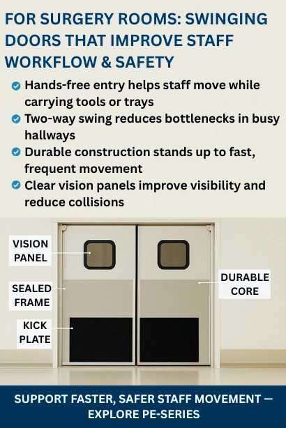 “Infographic showing surgery-room swinging doors with benefits like hands-free entry, two-way swing, durable construction, and vision panels, with labeled door features.”
