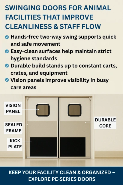 Infographic showing swinging doors for animal facilities with hygiene and staff flow benefits.