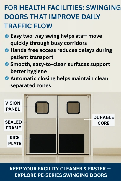 Infographic showing swinging doors for health facilities, highlighting benefits like two-way swing, hands-free access, easy-to-clean surfaces, automatic closing, and labeled