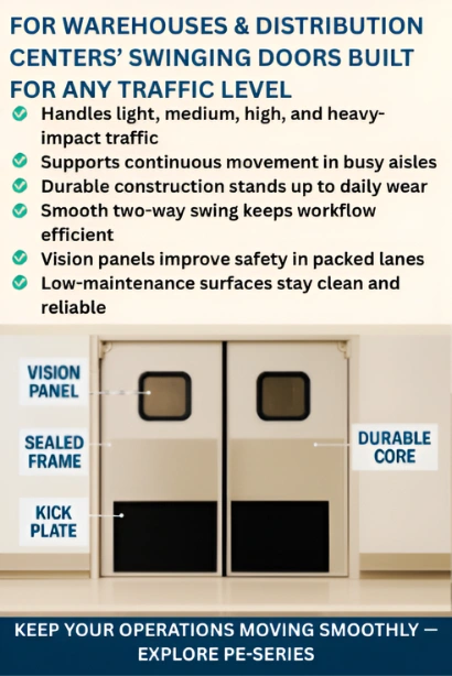 “Infographic showing warehouse swinging door benefits with labeled features including vision panel, sealed frame, kick plate, and durable core.”