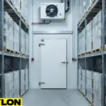 Insulated swinging cooler door in a warehouse storage room with palletized products, designed to improve temperature retention and minimize warm-air leaks.