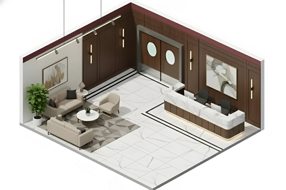 Isometric hotel reception layout showing swinging doors guiding guest and staff movement near the front desk