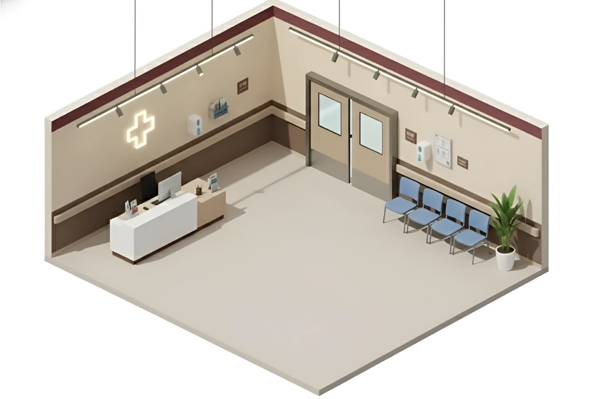 Isometric illustration of a healthcare lobby featuring double swinging doors, reception desk, seating area, and clean hospital interior design.