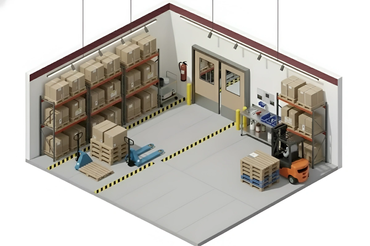 Isometric illustration of a manufacturing storage room using industrial swinging doors to guide equipment flow and reduce congestion.