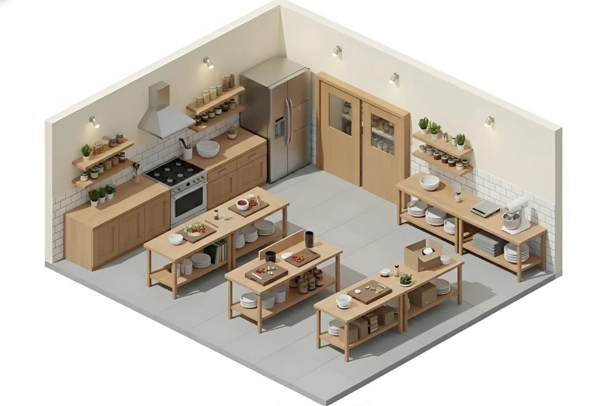 Isometric illustration of a modern kitchen layout featuring swinging replacement kitchen doors and organized prep tables.