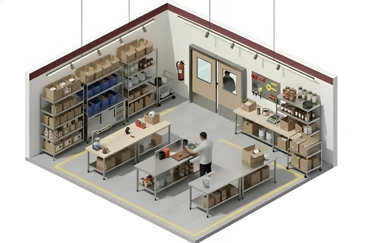“Isometric illustration of a packaging workspace with shelves, packing tables, and double swinging doors supporting smooth workflow.”