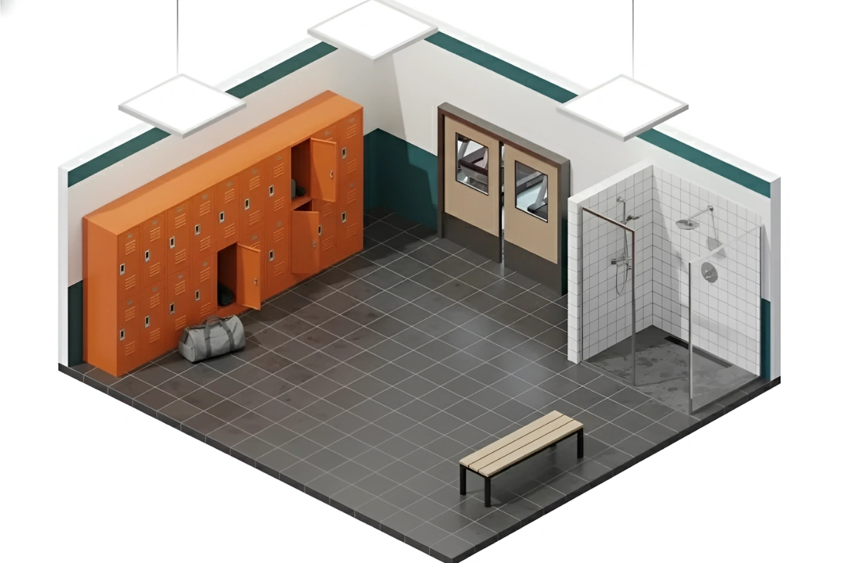 Isometric locker room layout showing beige double swinging doors, orange lockers, tiled shower stalls, and a central bench for changing areas.