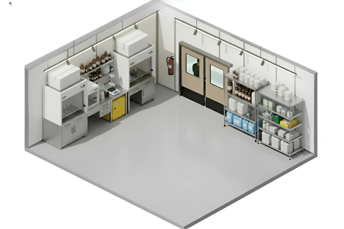 “Isometric view of a chemical lab with PE-Series swinging doors, fume hoods, storage shelves, and organized chemical containers for safe workflow.”