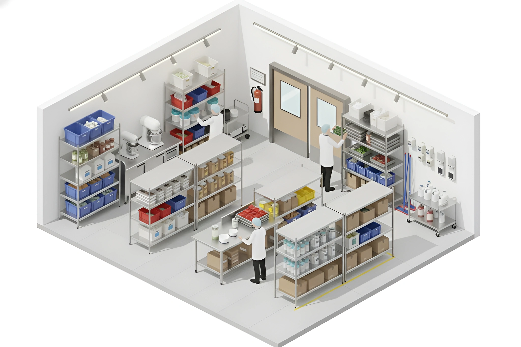 Isometric view of a chemical storage and prep room with staff organizing supplies and industrial swinging doors supporting smooth movement and efficient workflow.