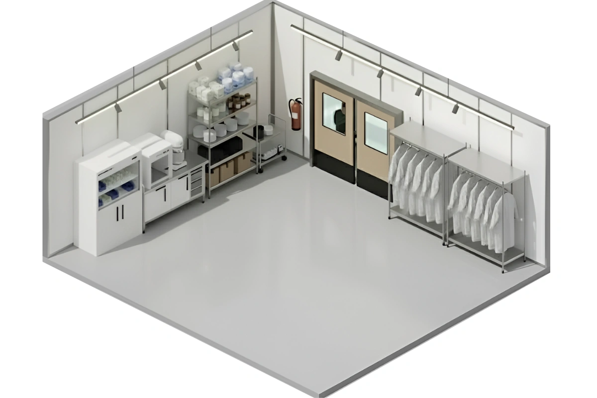 Isometric view of a clean room with beige PE-Series swinging doors, storage shelves, and hanging lab coats in a controlled environment.
