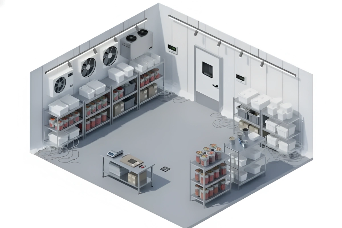 Isometric view of a commercial cooler room with insulated swinging door, shelving, food storage containers, and cooling units