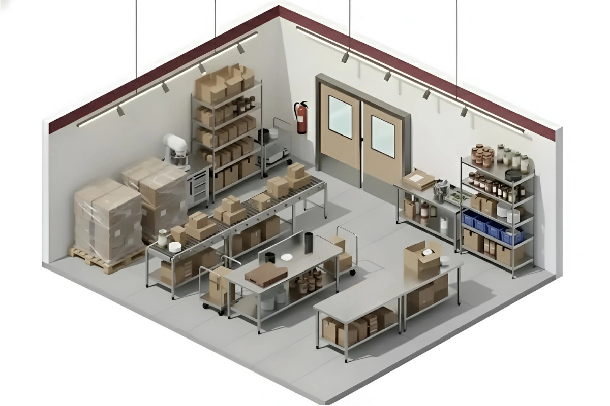 Isometric view of a factory preparation and packing room with double swinging doors, shelving, boxed inventory, and worktables used in high-traffic industrial environments