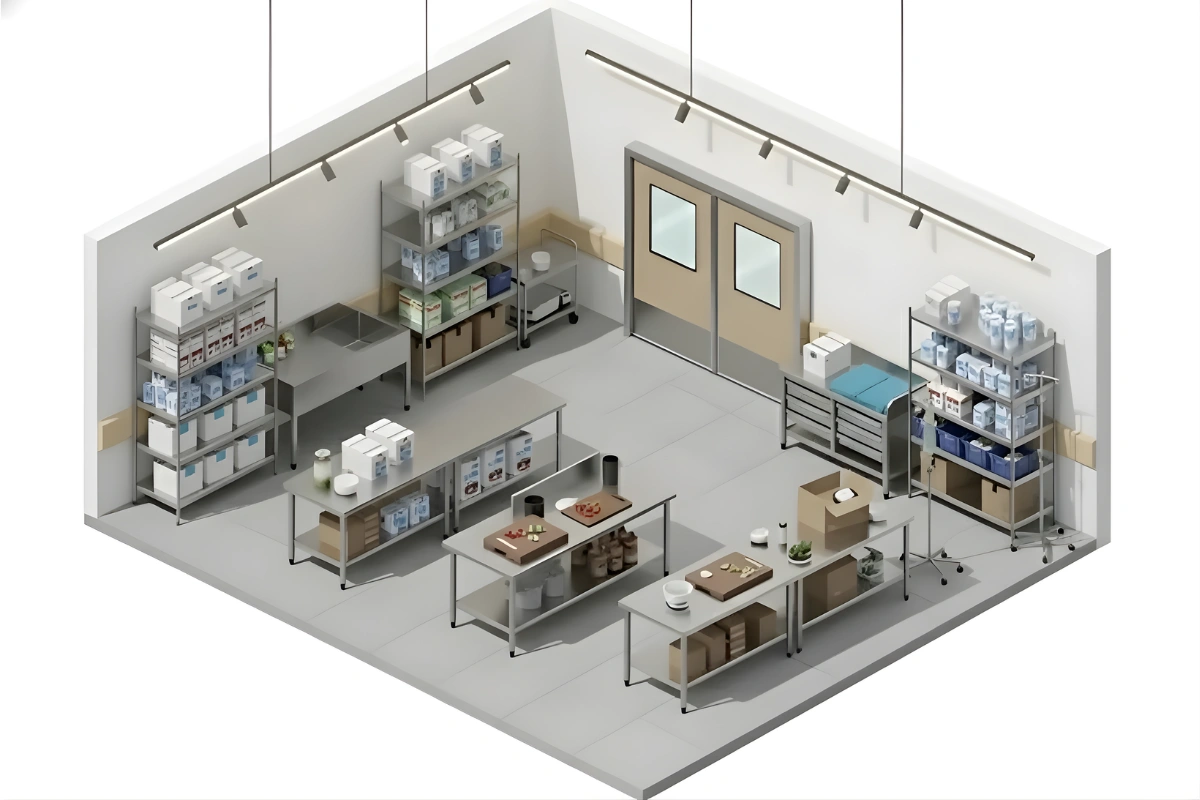 Isometric view of a hospital prep and supply room with double swinging doors, stainless steel tables, and organized medical storage shelves.