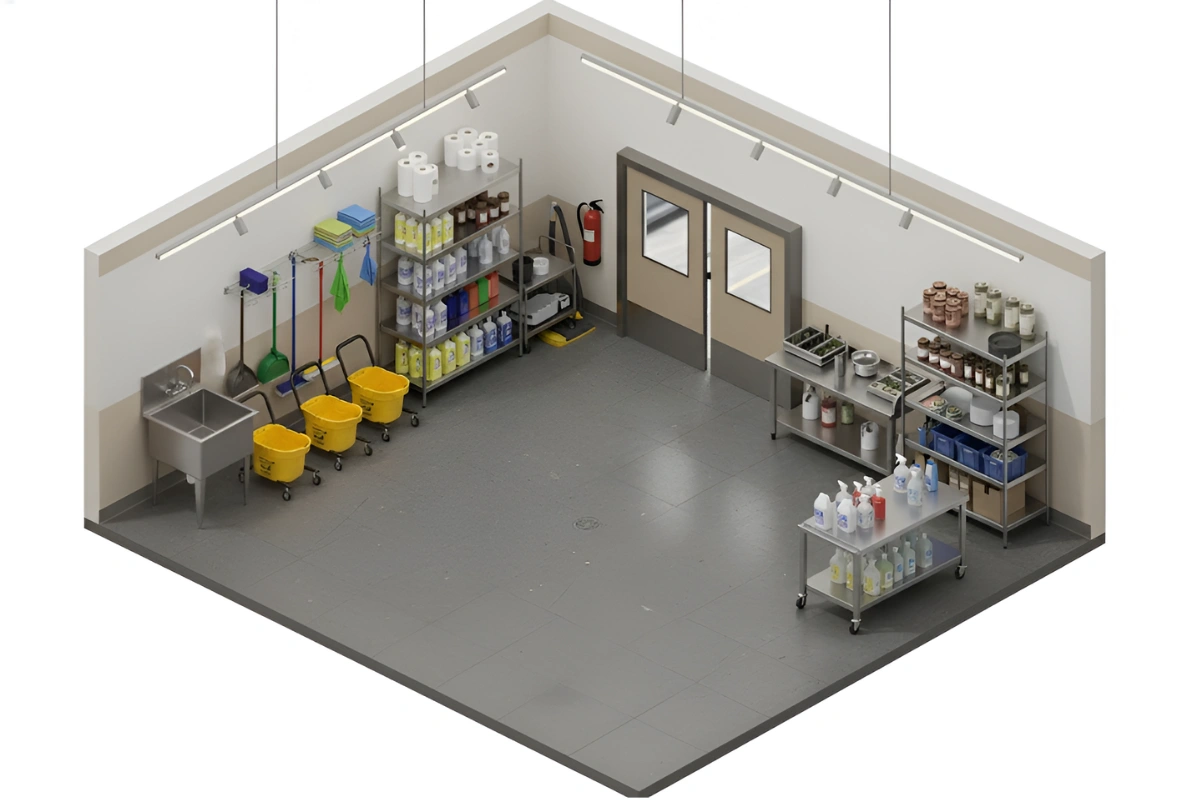 Isometric view of a janitor closet with swinging doors, cleaning supplies, carts, and organized maintenance storage