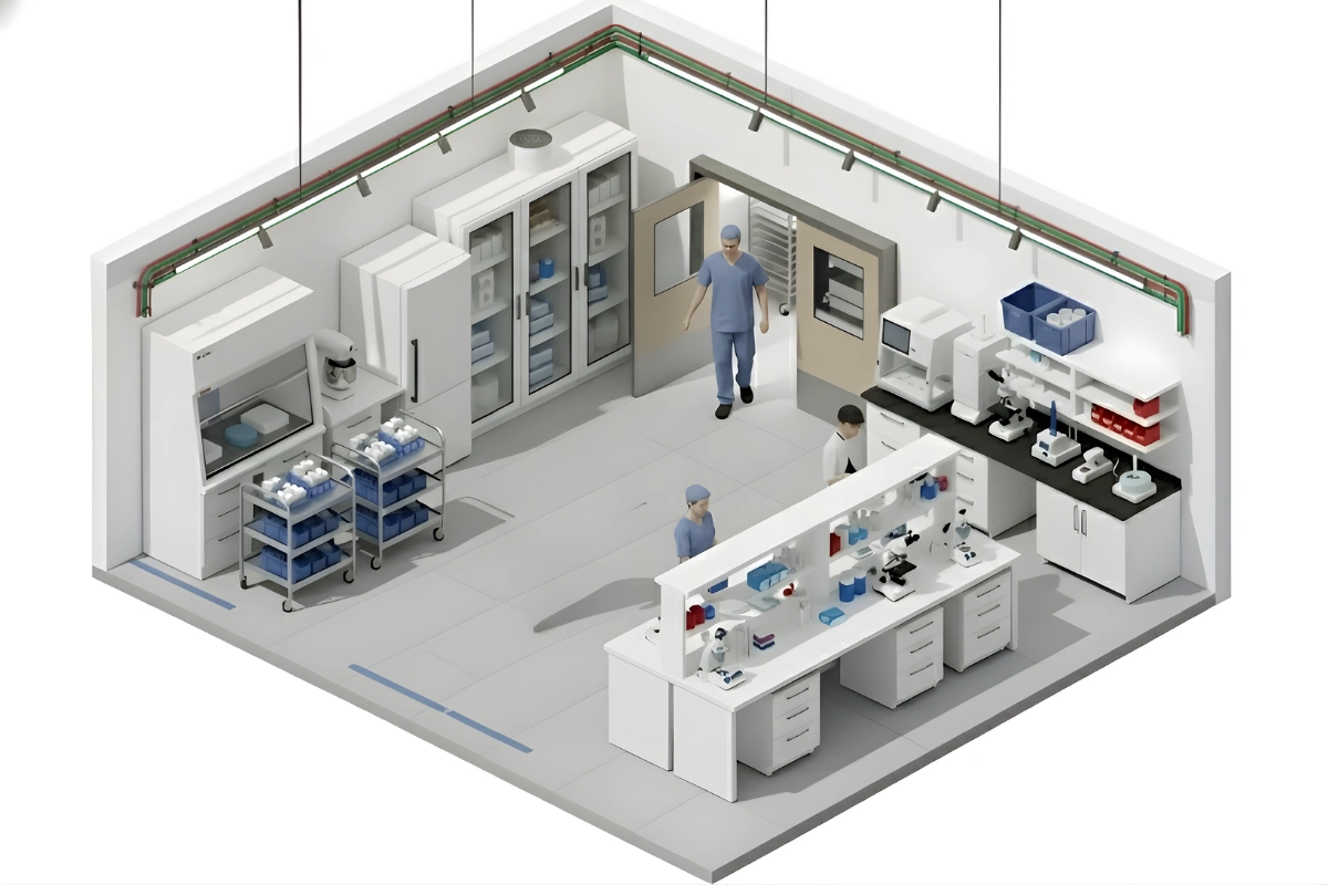 Isometric view of a laboratory interior showing clean work areas, staff movement, and swinging doors separating controlled zones